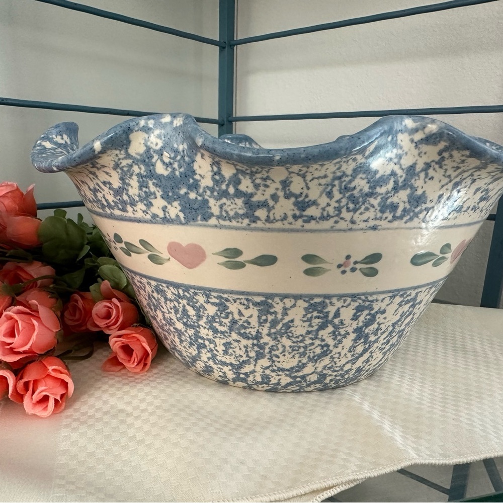 Vintage Blue and Cream Speckled Ceramic Serving Bowl with Pink Heart Motif